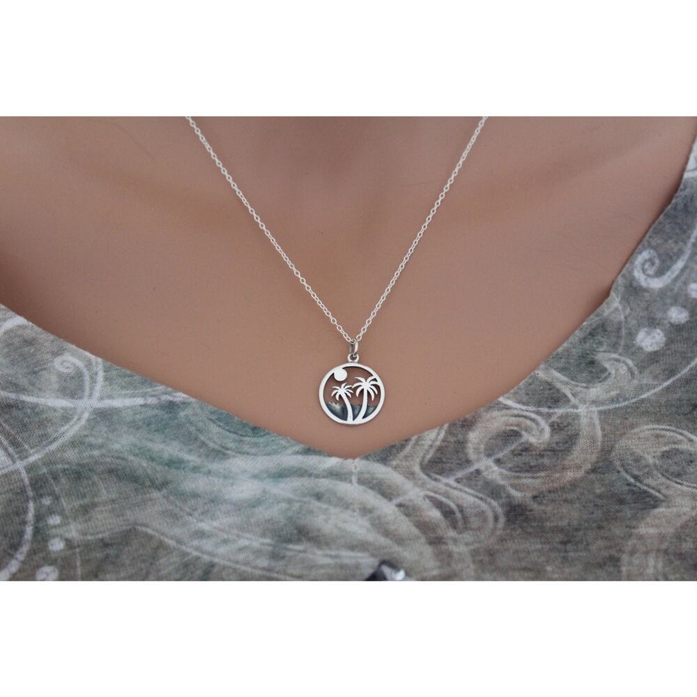 Sterling Silver Palm Tree Sunset Charm Necklace
